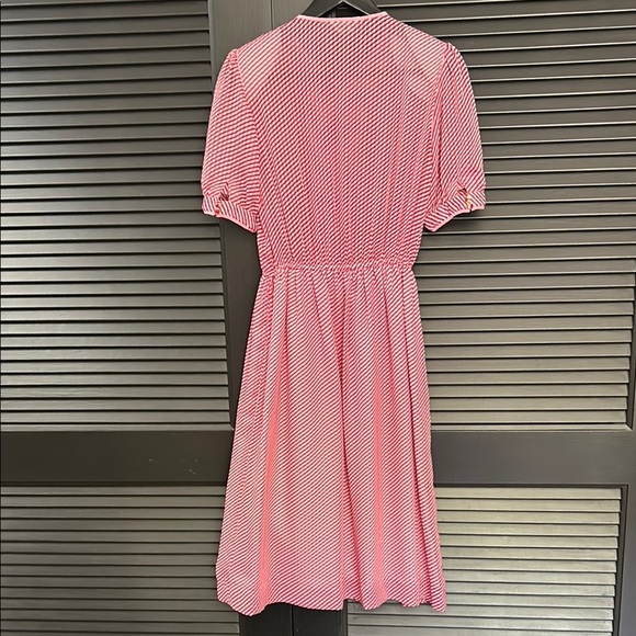 Adorable Vintage Coquette Striped Red and Pink Dress with Puff Sleeves, Size - Picture 14 of 16